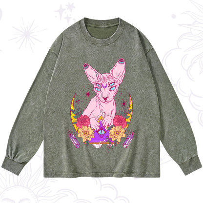 Purplehecate Moon Phase Cat Washed Long Sleeve Shirt