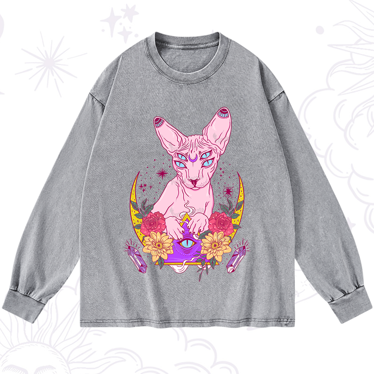 Purplehecate Moon Phase Cat Washed Long Sleeve Shirt