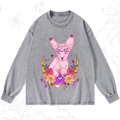 Purplehecate Moon Phase Cat Washed Long Sleeve Shirt