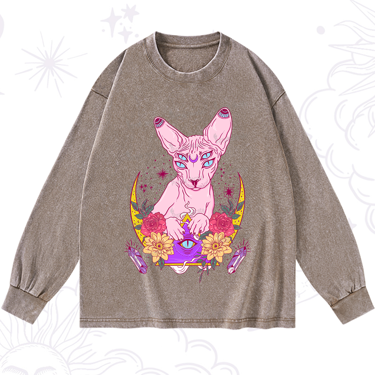 Purplehecate Moon Phase Cat Washed Long Sleeve Shirt