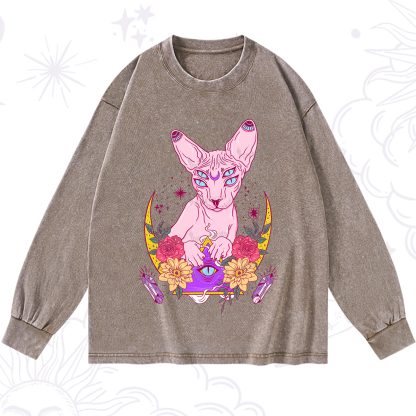 Purplehecate Moon Phase Cat Washed Long Sleeve Shirt