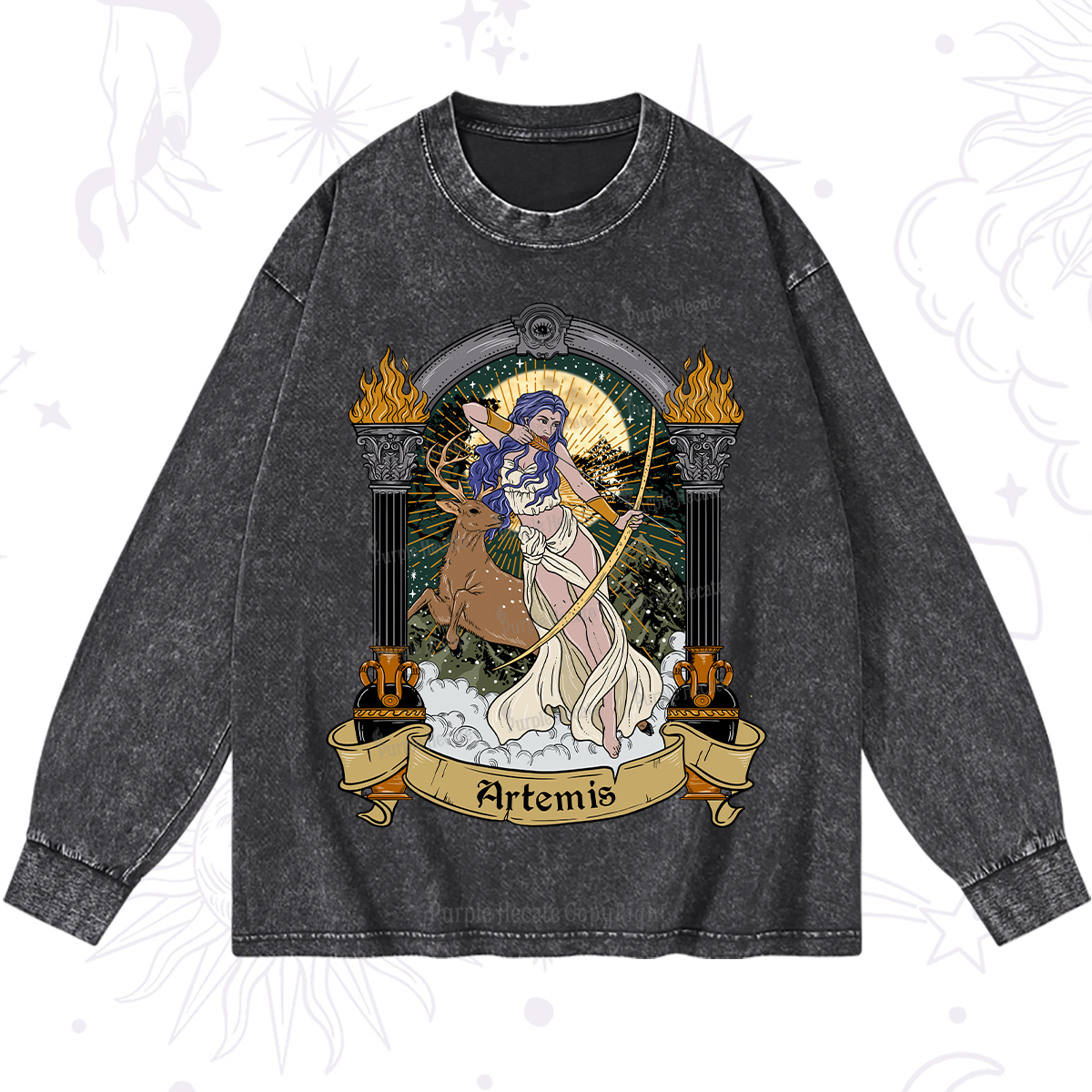 Purplehecate The Huntress Goddess Artemis Washed Long Sleeve Shirt