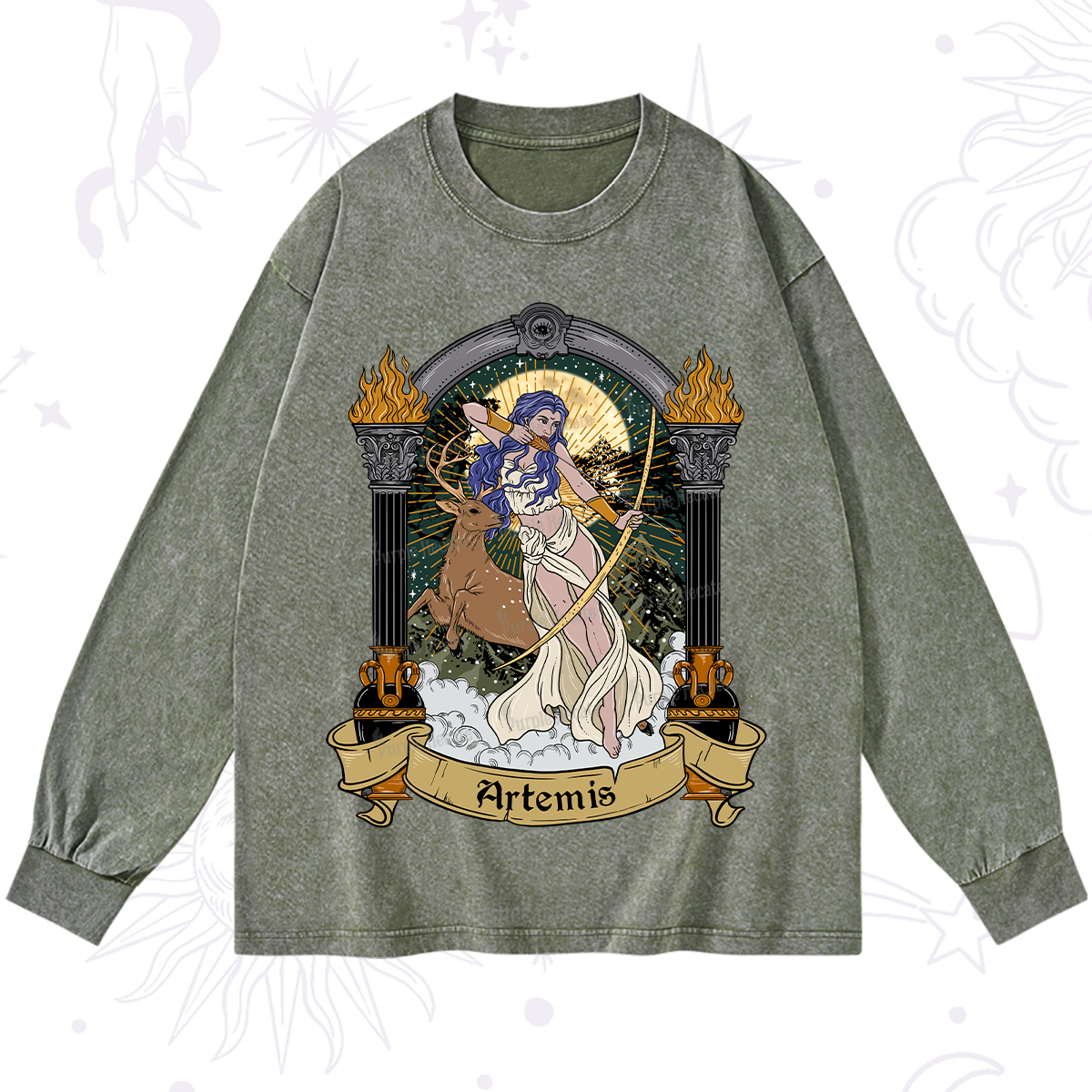 Purplehecate The Huntress Goddess Artemis Washed Long Sleeve Shirt