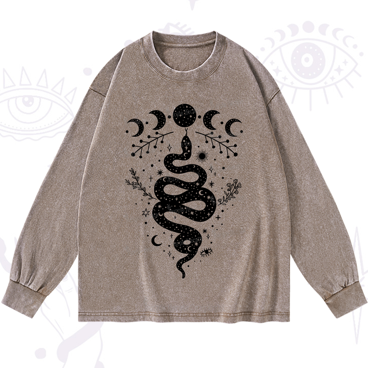 Purplehecate Snake And Moon Phase Comfort Washed Long Sleeve Shirt