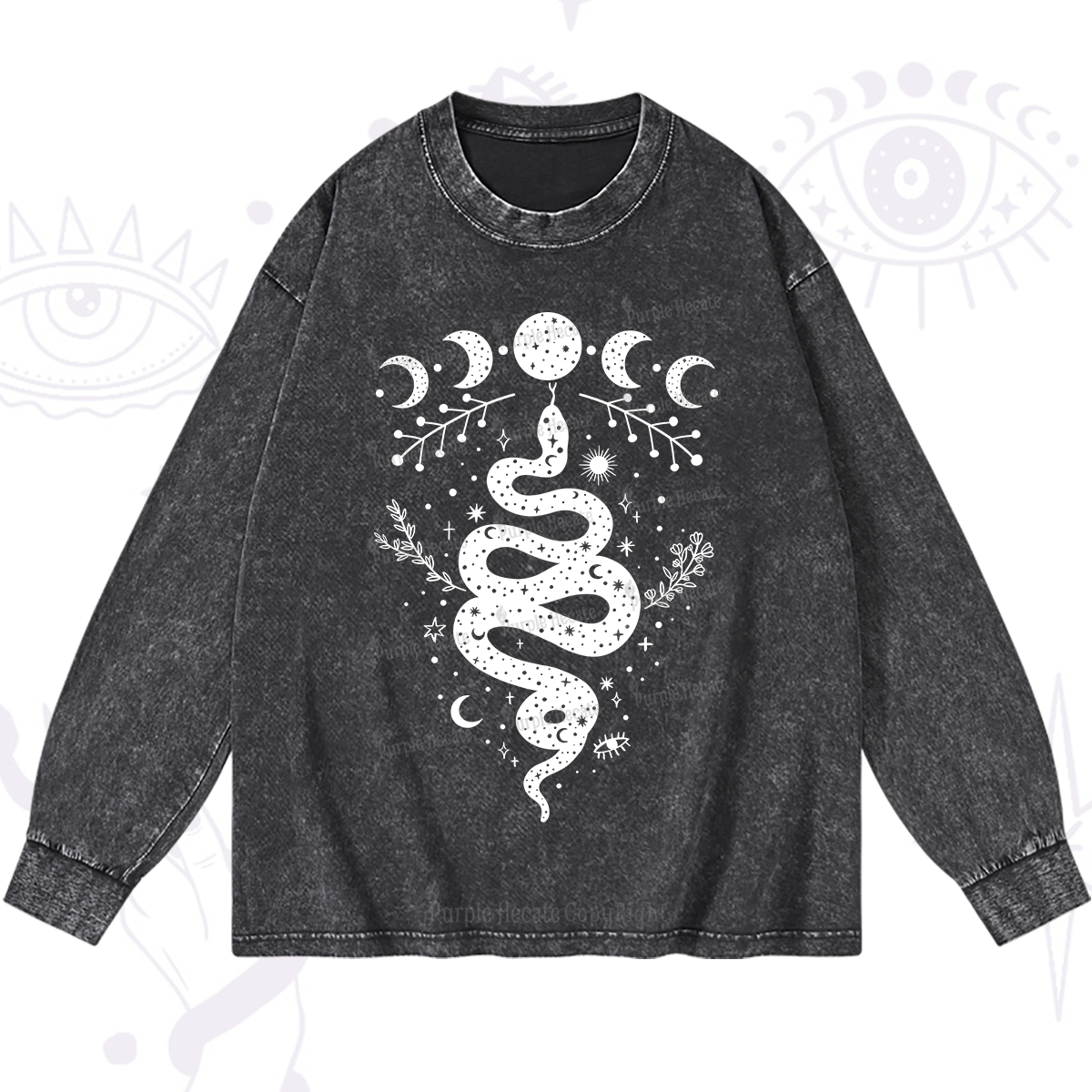 Purplehecate Snake And Moon Phase Comfort Washed Long Sleeve Shirt
