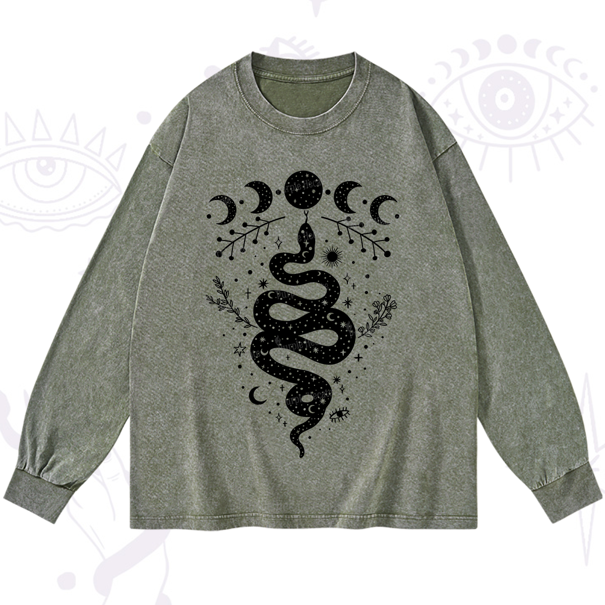 Purplehecate Snake And Moon Phase Comfort Washed Long Sleeve Shirt