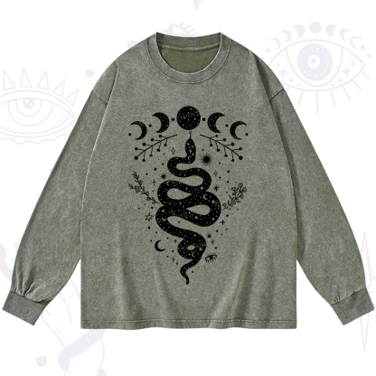 Purplehecate Snake And Moon Phase Comfort Washed Long Sleeve Shirt