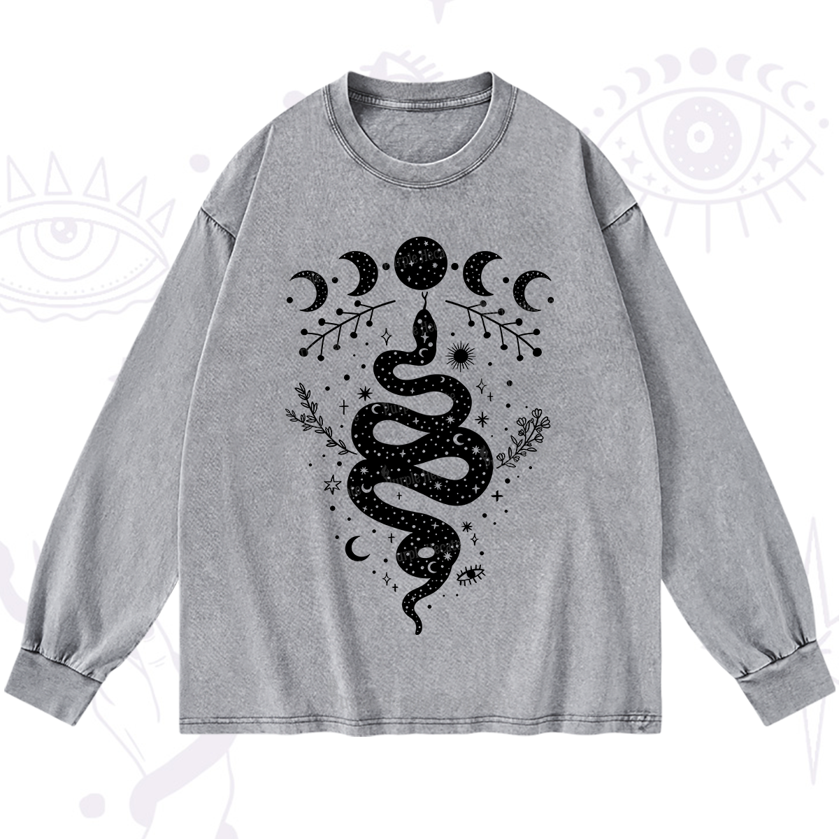 Purplehecate Snake And Moon Phase Comfort Washed Long Sleeve Shirt