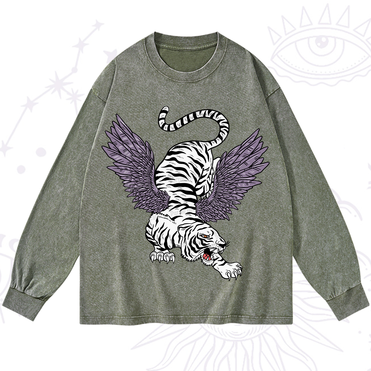 Purplehecate Tiger With Wings Washed Long Sleeve Shirt