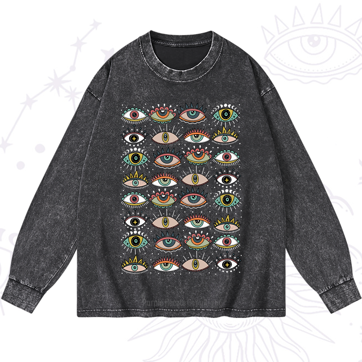 Purplehecate Evil Eye Pattern Washed Long Sleeve Shirt