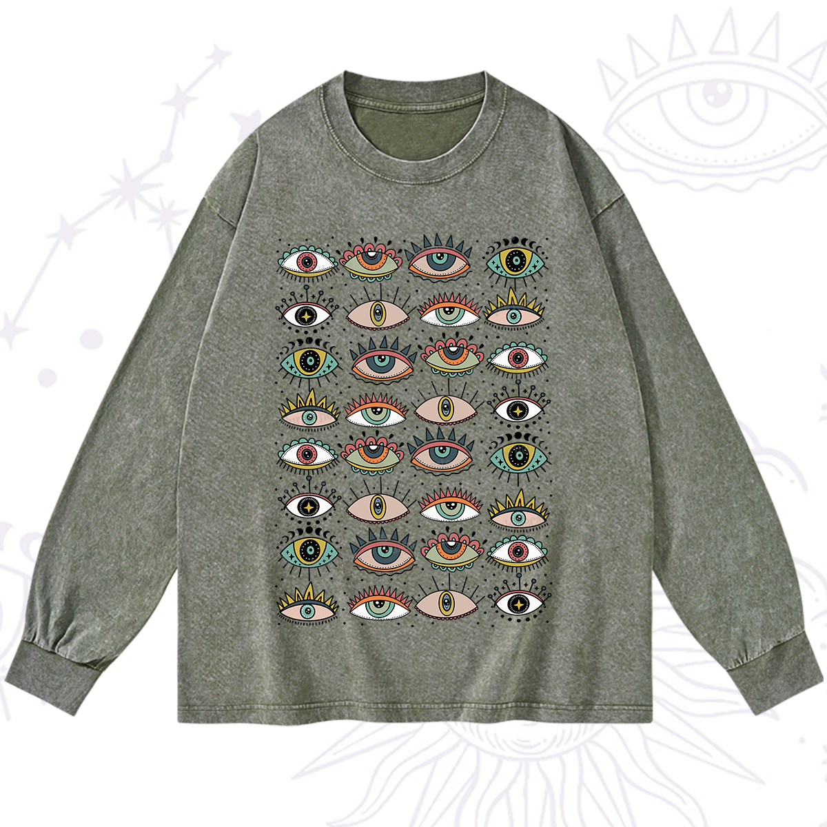 Purplehecate Evil Eye Pattern Washed Long Sleeve Shirt