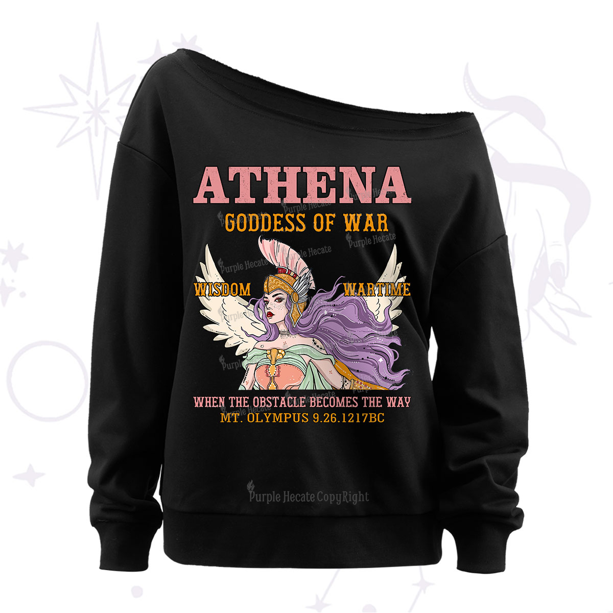 Purplehecate Wise War Goddess Athena Off The Shoulder Sweatshirt