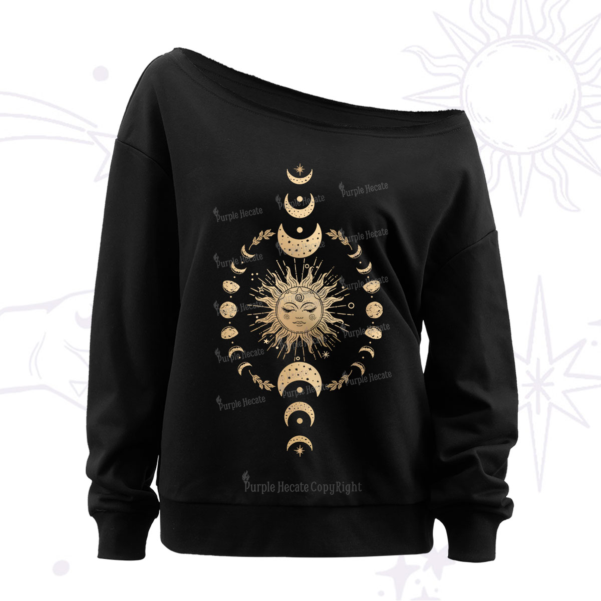 Purplehecate Celestial Sun & Moon Phases Off The Shoulder Sweatshirt