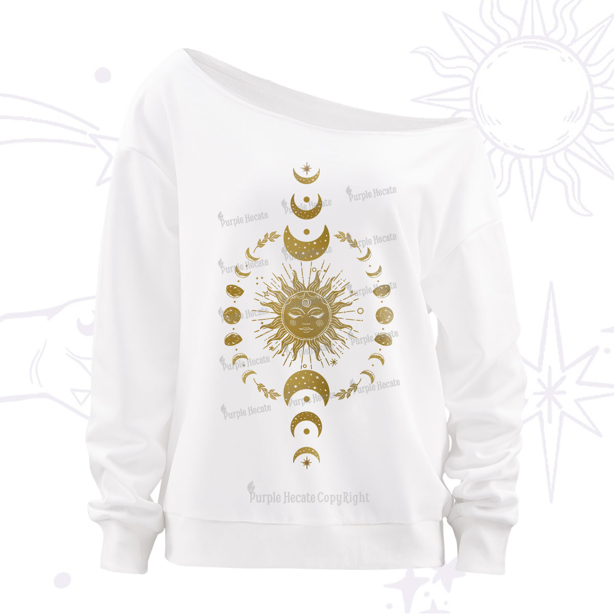 Purplehecate Celestial Sun & Moon Phases Off The Shoulder Sweatshirt