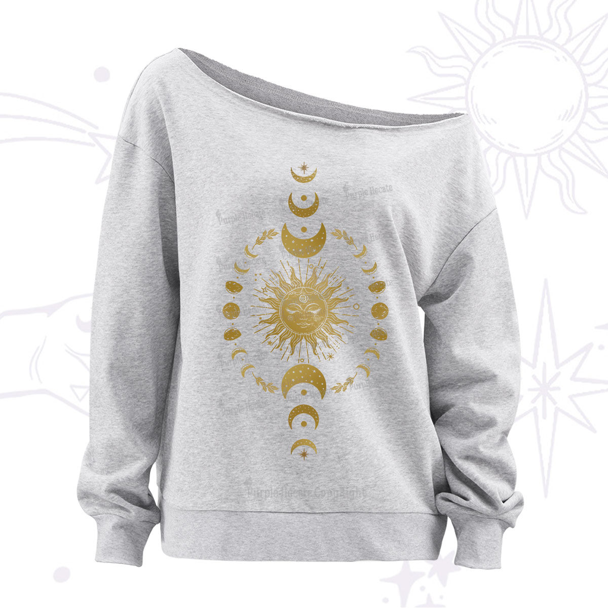 Purplehecate Celestial Sun & Moon Phases Off The Shoulder Sweatshirt