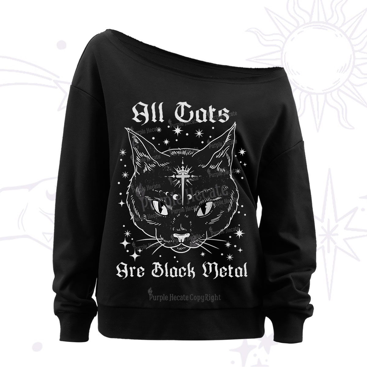 Purplehecate All Cats Are Black Metal Off The Shoulder Sweatshirt