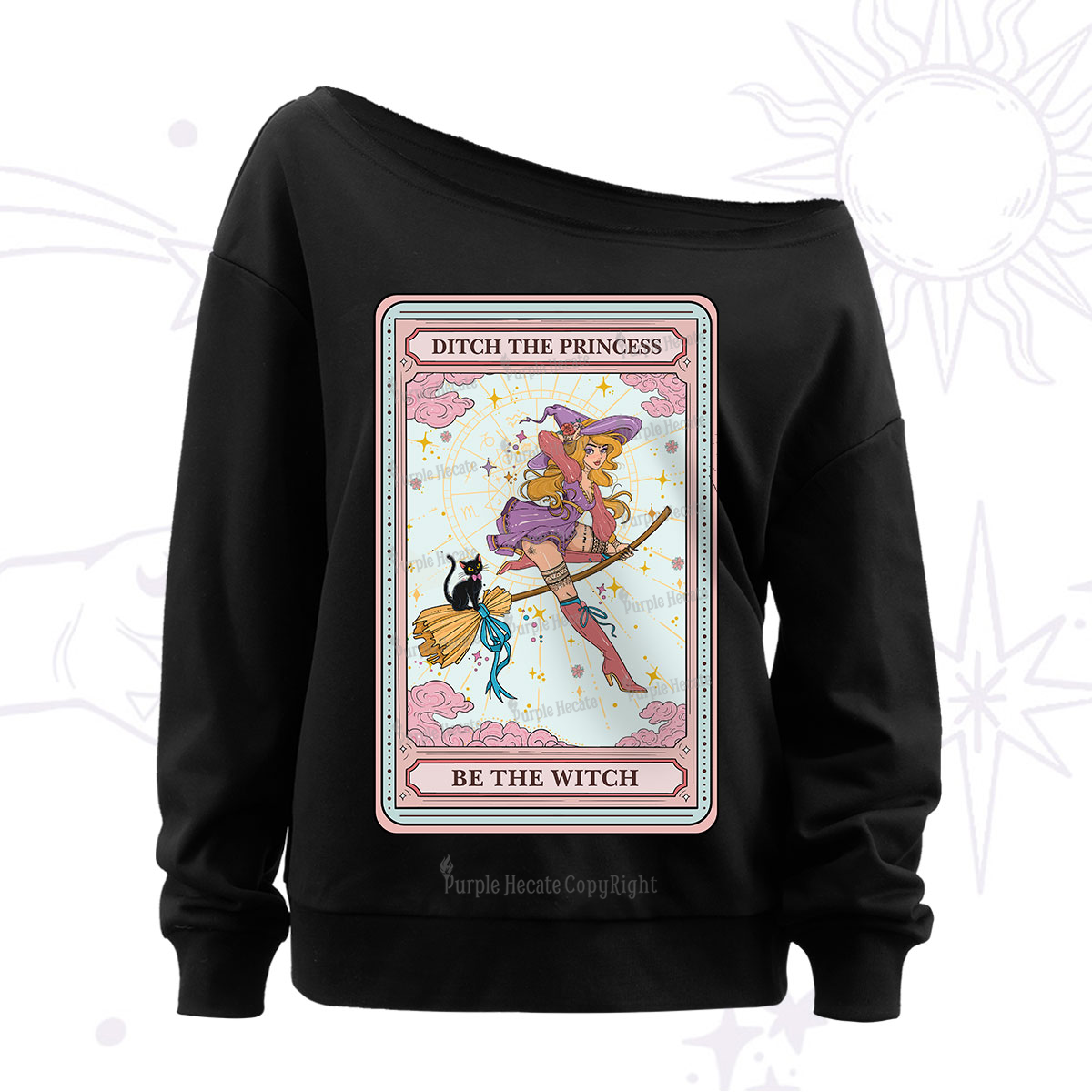 Purplehecate The Ditch The Princess Be The Witch Oracle Card Off The Shoulder Sweatshirt