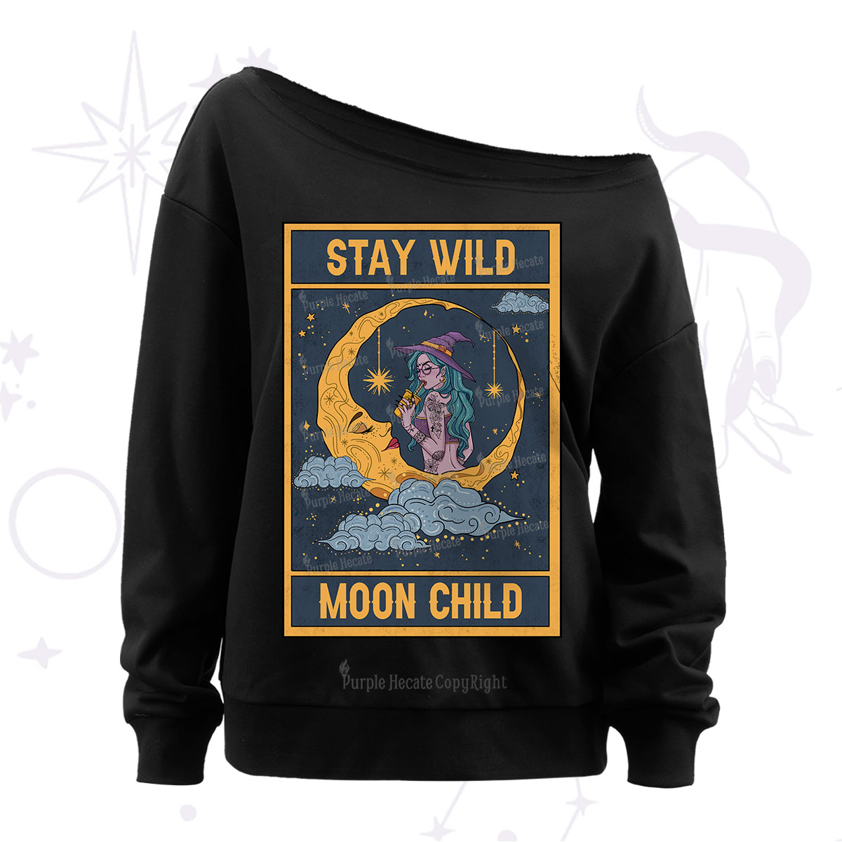 Purplehecate The Stay Wild Moon Child Oracle Card Off The Shoulder Sweatshirt