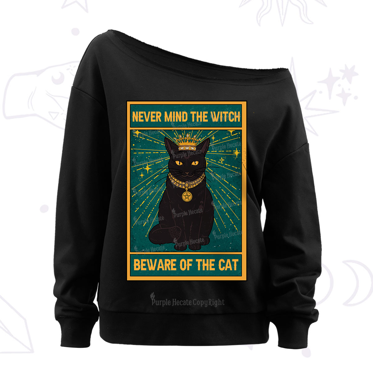 Purplehecate The Never Mind The Witch Beware Of The Cat Oracle Card Off The Shoulder Sweatshirt