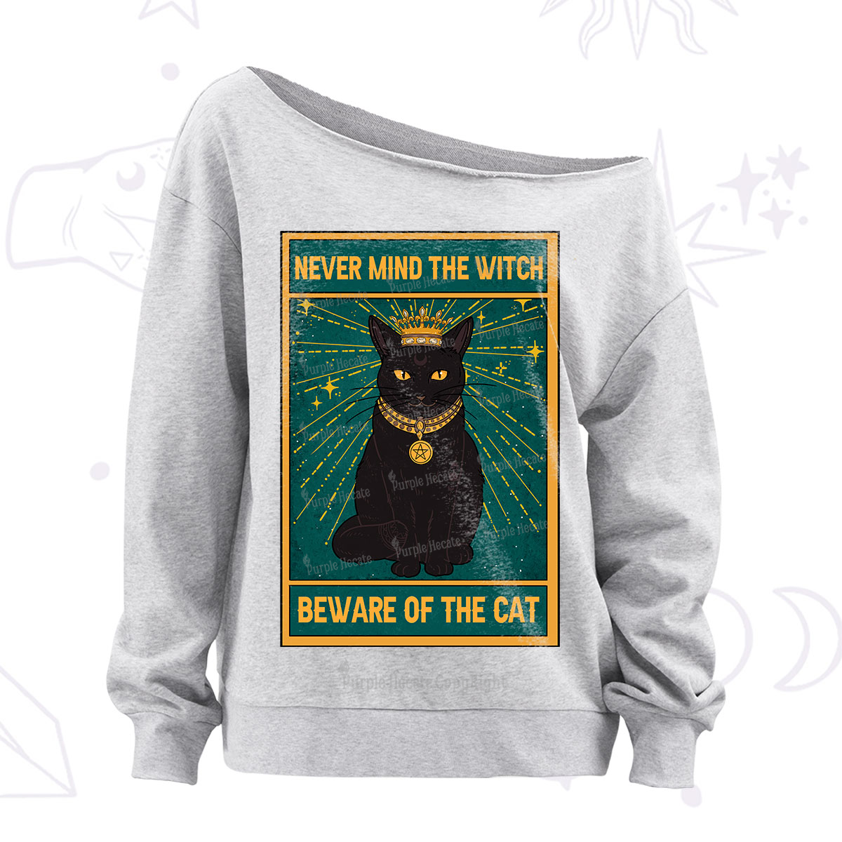 Purplehecate The Never Mind The Witch Beware Of The Cat Oracle Card Off The Shoulder Sweatshirt
