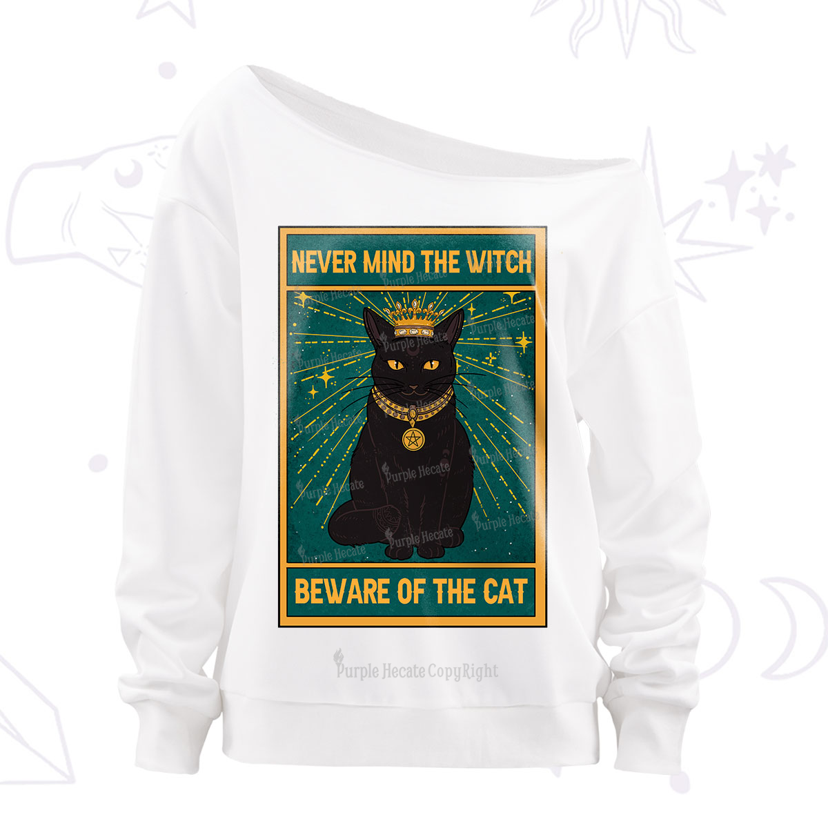 Purplehecate The Never Mind The Witch Beware Of The Cat Oracle Card Off The Shoulder Sweatshirt