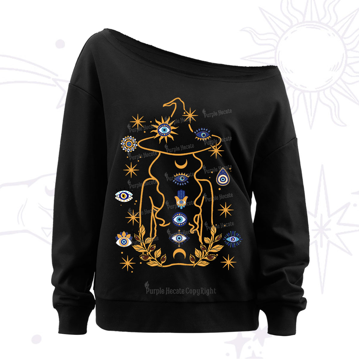Purplehecate Evil Eye Woman Back Off The Shoulder Sweatshirt