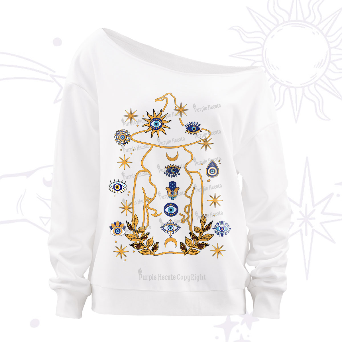 Purplehecate Evil Eye Woman Back Off The Shoulder Sweatshirt
