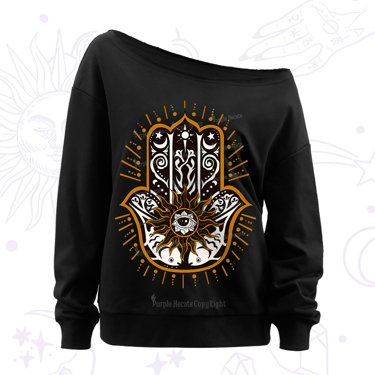 Purplehecate The Sun Eye Hamsa Off The Shoulder Sweatshirt