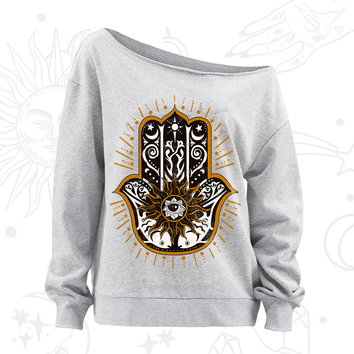 Purplehecate The Sun Eye Hamsa Off The Shoulder Sweatshirt