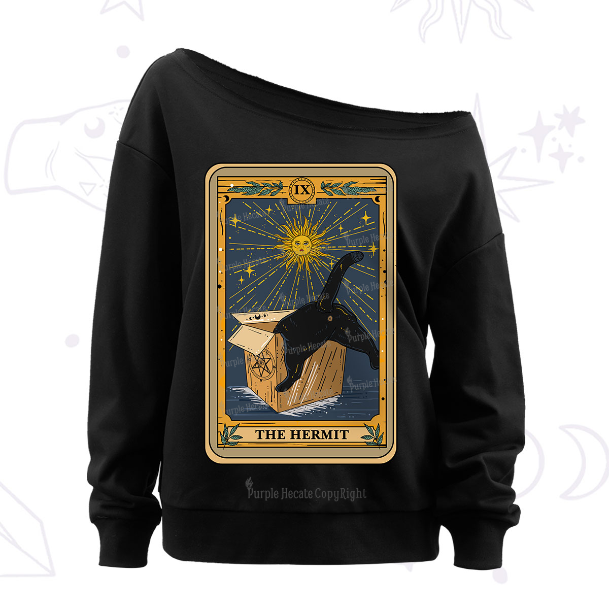 Purplehecate The Cardboard Hermit Cat Tarot Off The Shoulder Sweatshirt
