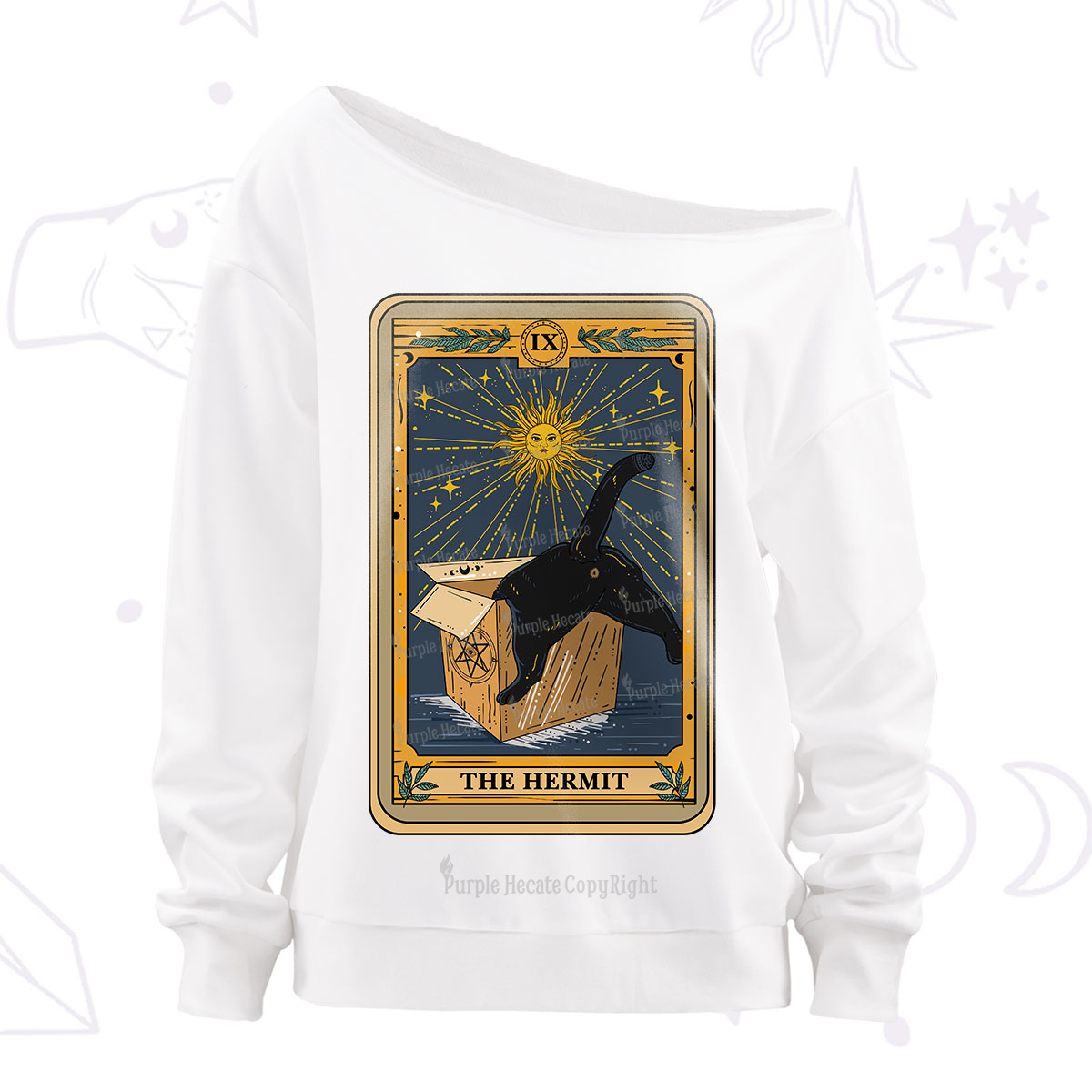 Purplehecate The Cardboard Hermit Cat Tarot Off The Shoulder Sweatshirt