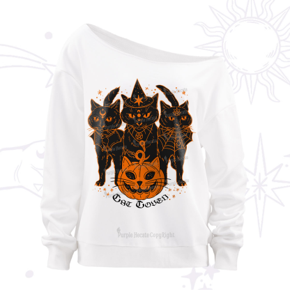 Purplehecate Pumpkin Witch Cat Coven Halloween Off The Shoulder Sweatshirt