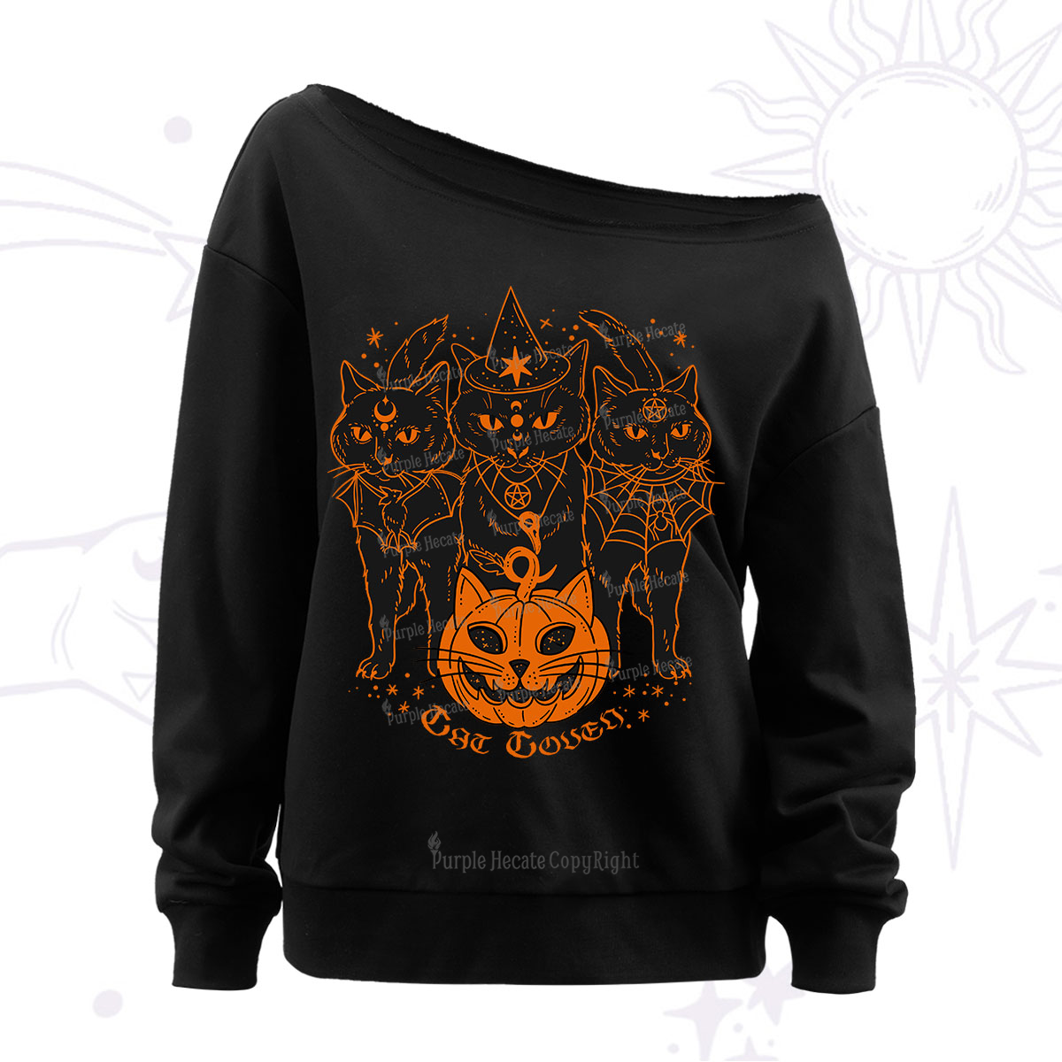 Purplehecate Pumpkin Witch Cat Coven Halloween Off The Shoulder Sweatshirt