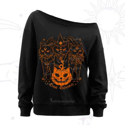 Purplehecate Pumpkin Witch Cat Coven Halloween Off The Shoulder Sweatshirt