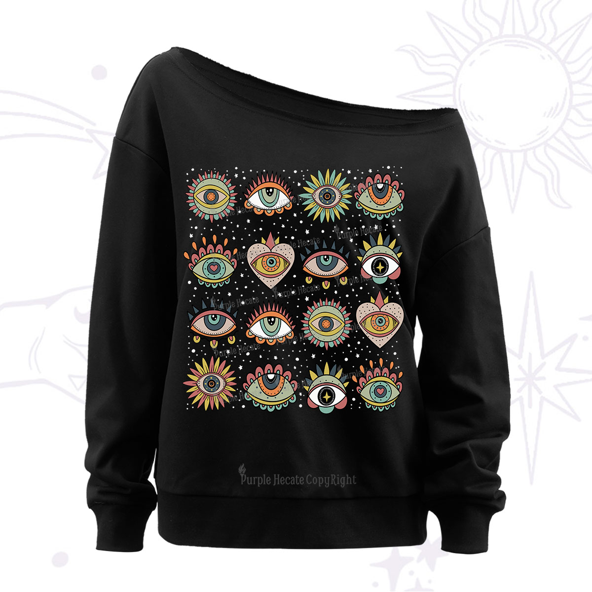 Purplehecate Mystical Evil Eye Pattern Off The Shoulder Sweatshirt