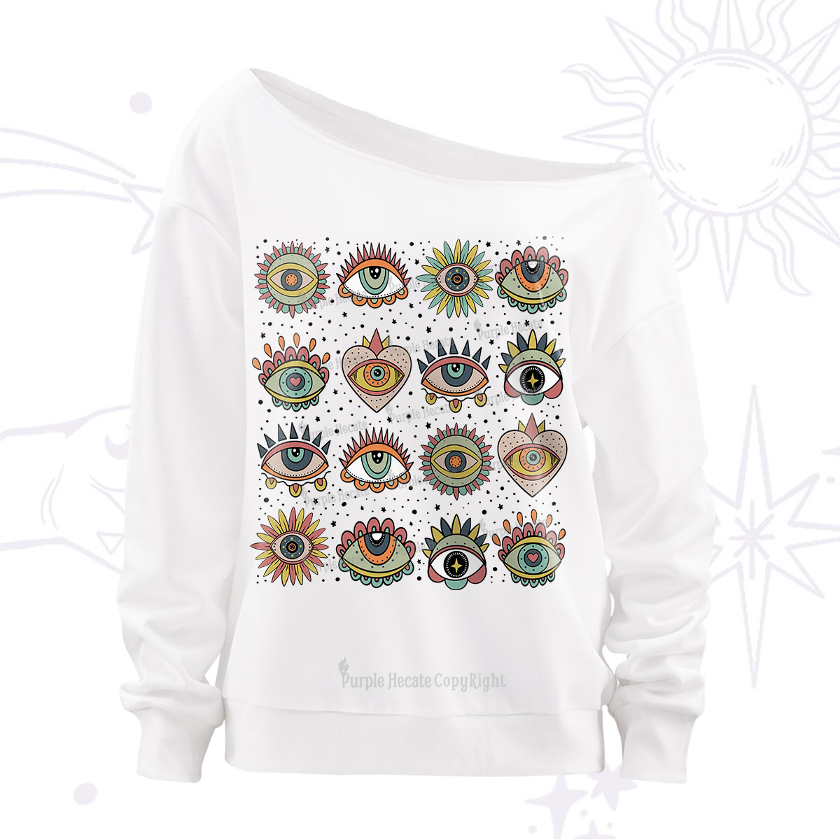 Purplehecate Mystical Evil Eye Pattern Off The Shoulder Sweatshirt