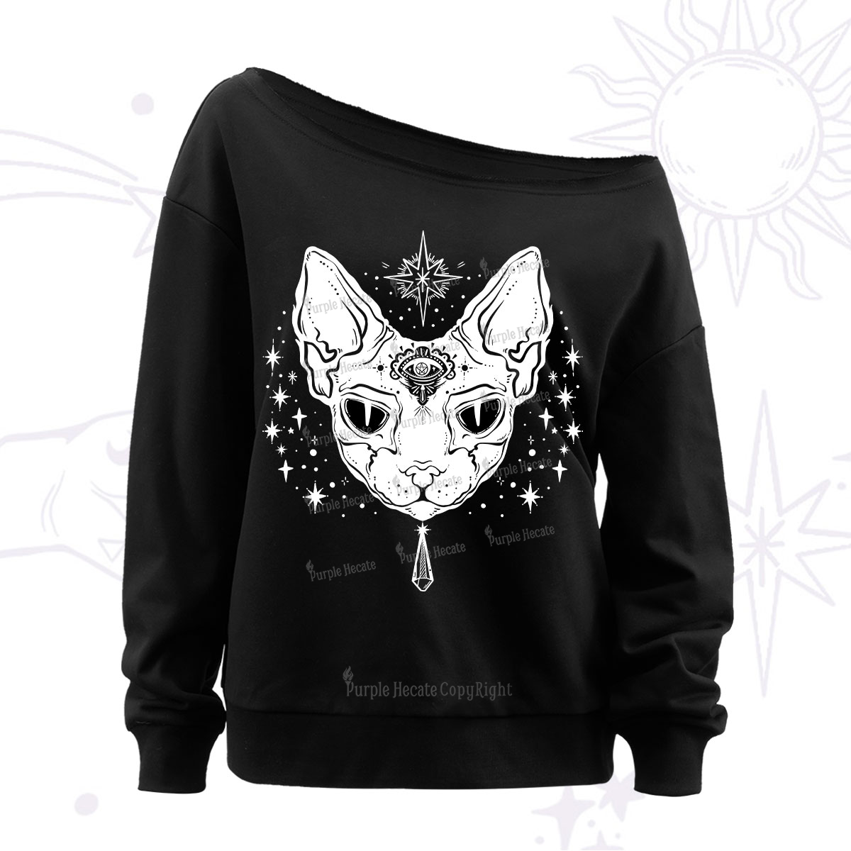 Purplehecate Three Eyed Sphynx Cat Off The Shoulder Sweatshirt