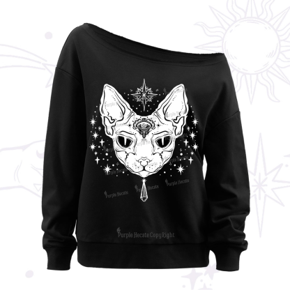 Purplehecate Three Eyed Sphynx Cat Off The Shoulder Sweatshirt