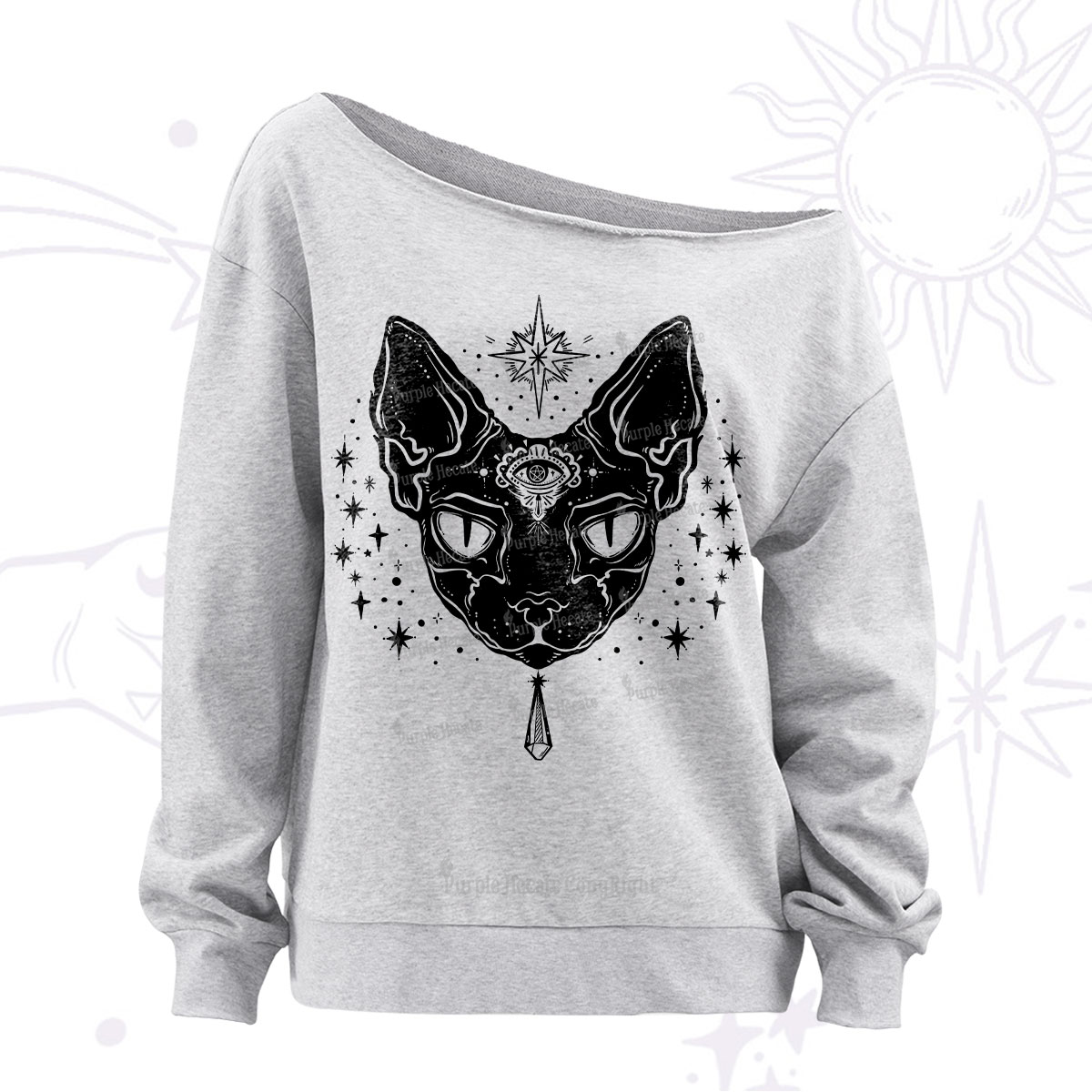 Purplehecate Three Eyed Sphynx Cat Off The Shoulder Sweatshirt