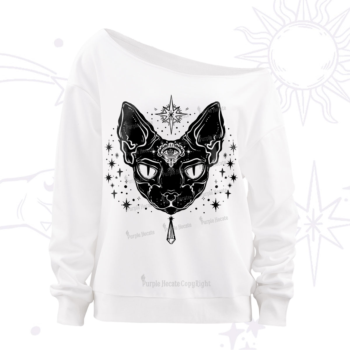 Purplehecate Three Eyed Sphynx Cat Off The Shoulder Sweatshirt