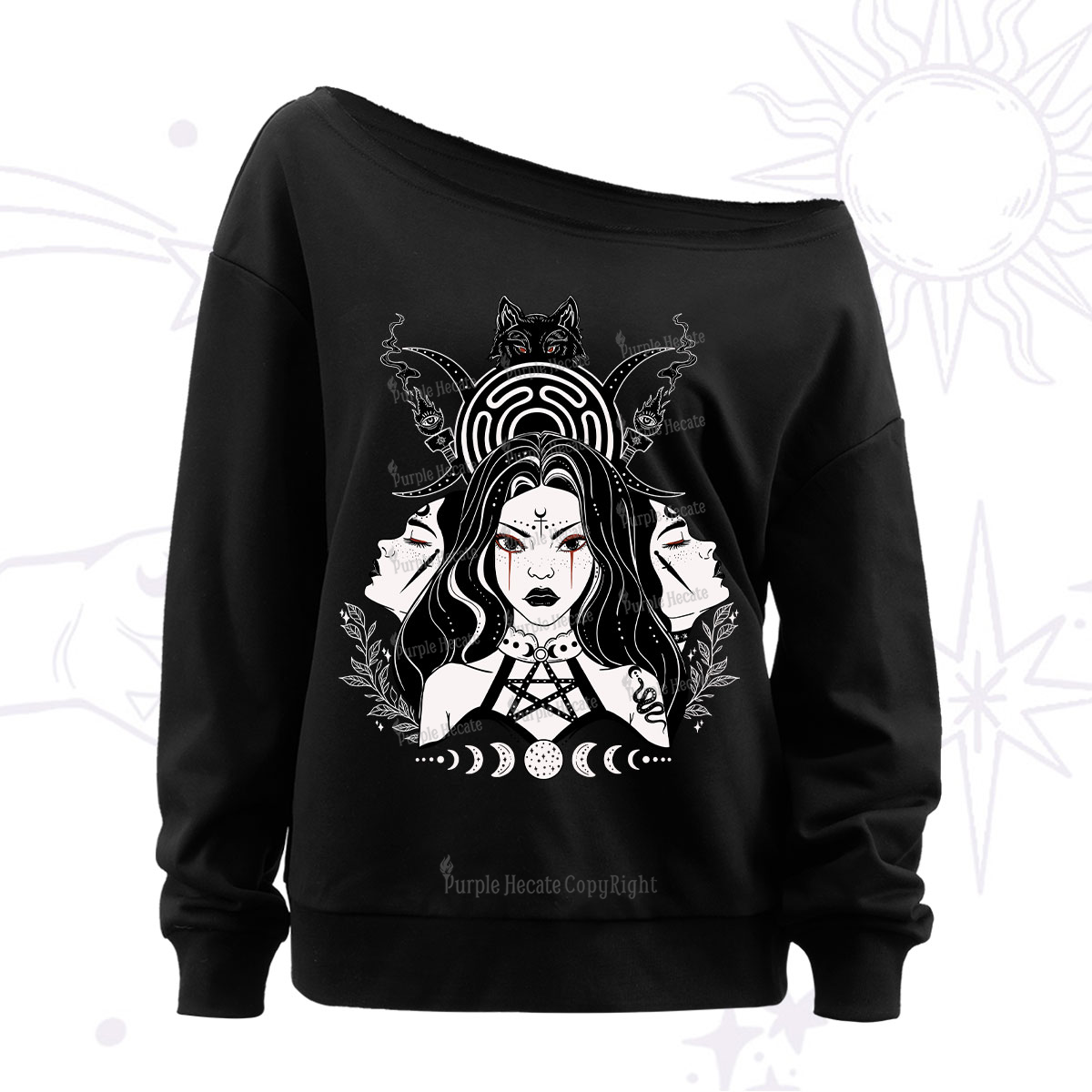 Purplehecate The Triple Moon Goddess Hecate Off The Shoulder Sweatshirt
