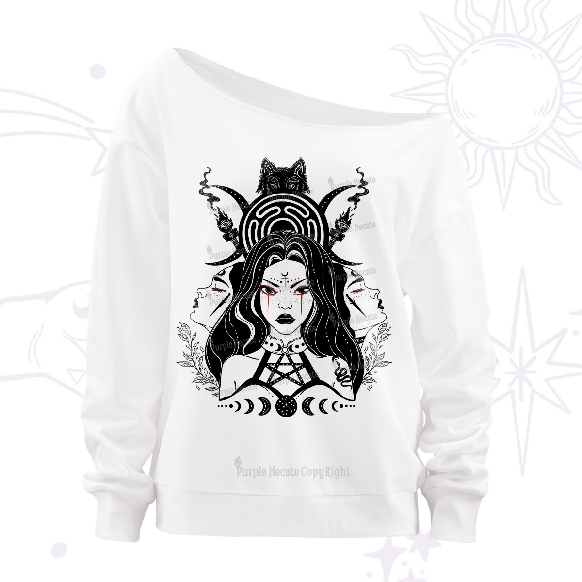 Purplehecate The Triple Moon Goddess Hecate Off The Shoulder Sweatshirt