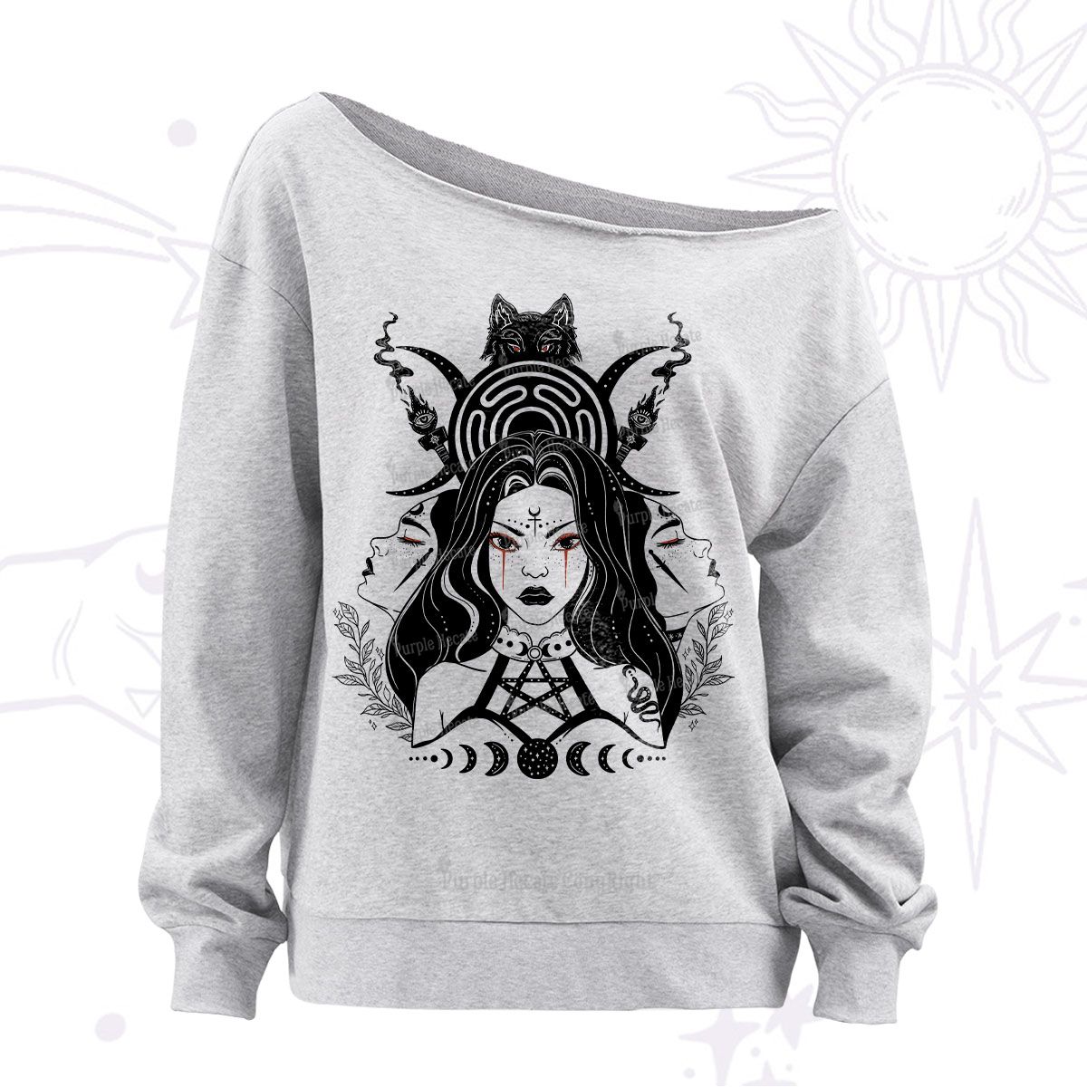 Purplehecate The Triple Moon Goddess Hecate Off The Shoulder Sweatshirt
