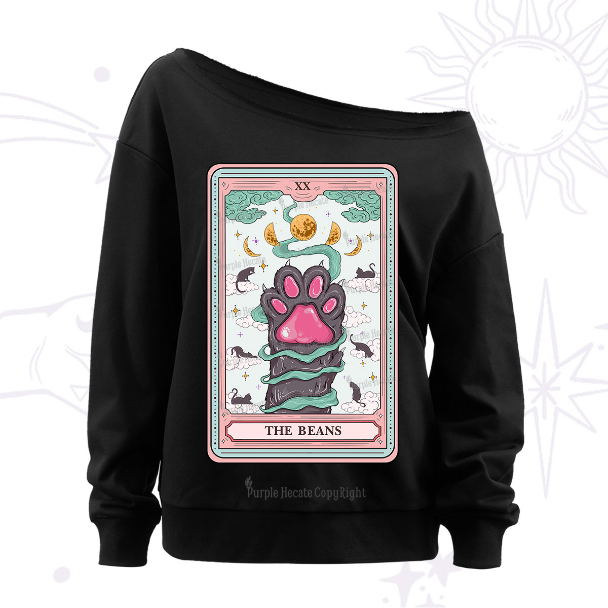 Purplehecate The Beans Cat Tarot Off The Shoulder Sweatshirt
