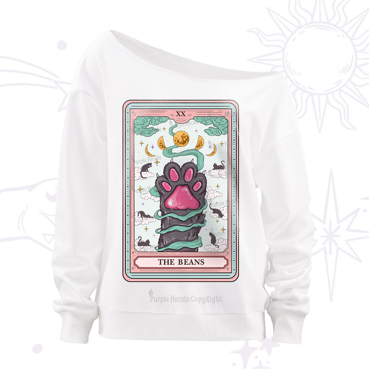 Purplehecate The Beans Cat Tarot Off The Shoulder Sweatshirt