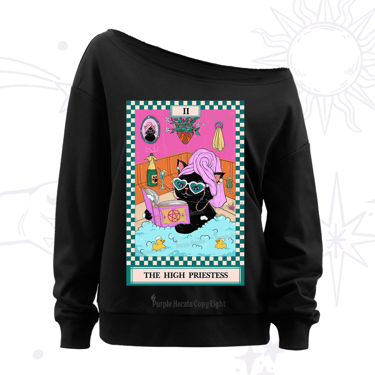 Purplehecate The Cat High Priestess's Bubble Time Tarot Off The Shoulder Sweatshirt