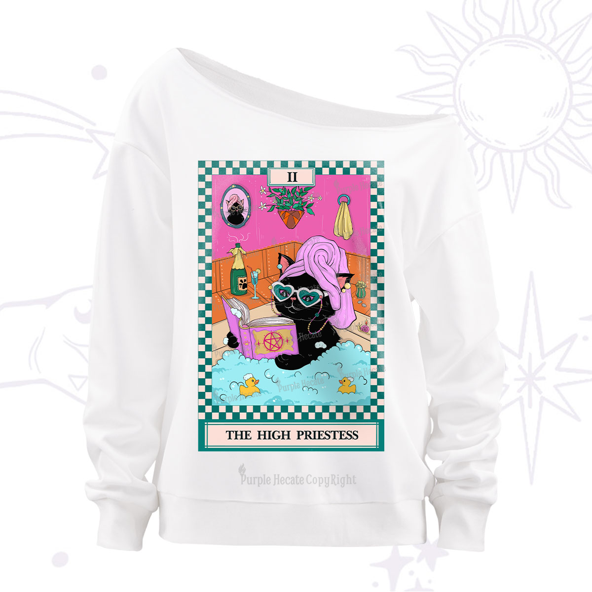 Purplehecate The Cat High Priestess's Bubble Time Tarot Off The Shoulder Sweatshirt