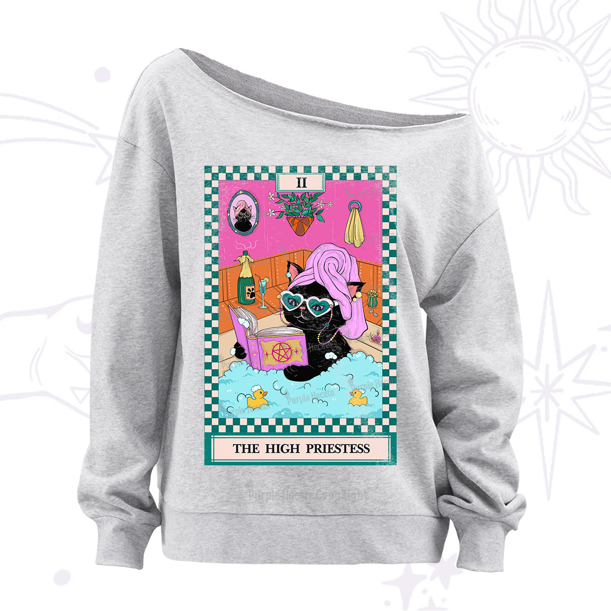 Purplehecate The Cat High Priestess's Bubble Time Tarot Off The Shoulder Sweatshirt