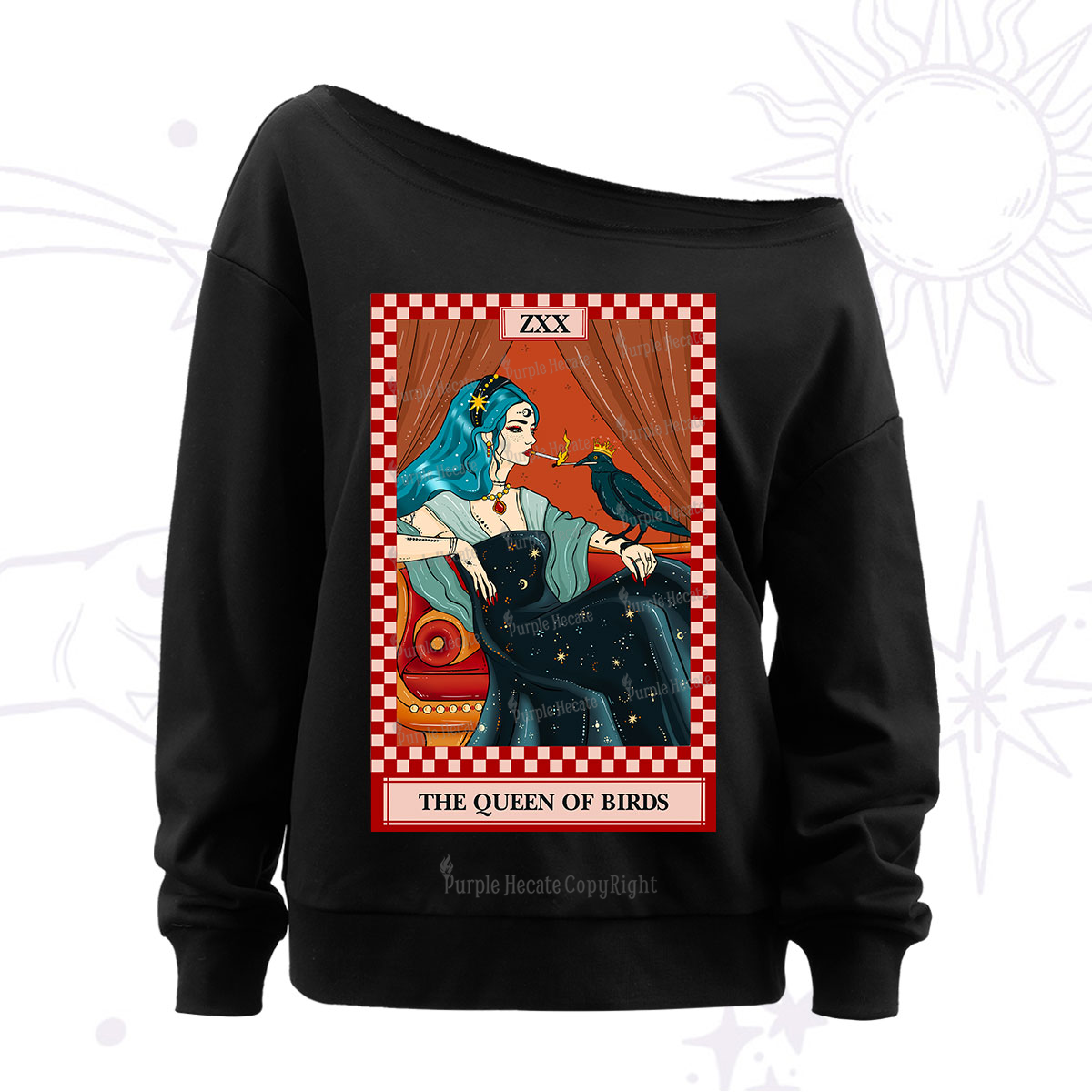 Purplehecate The Queen Of Birds Tarot Off The Shoulder Sweatshirt