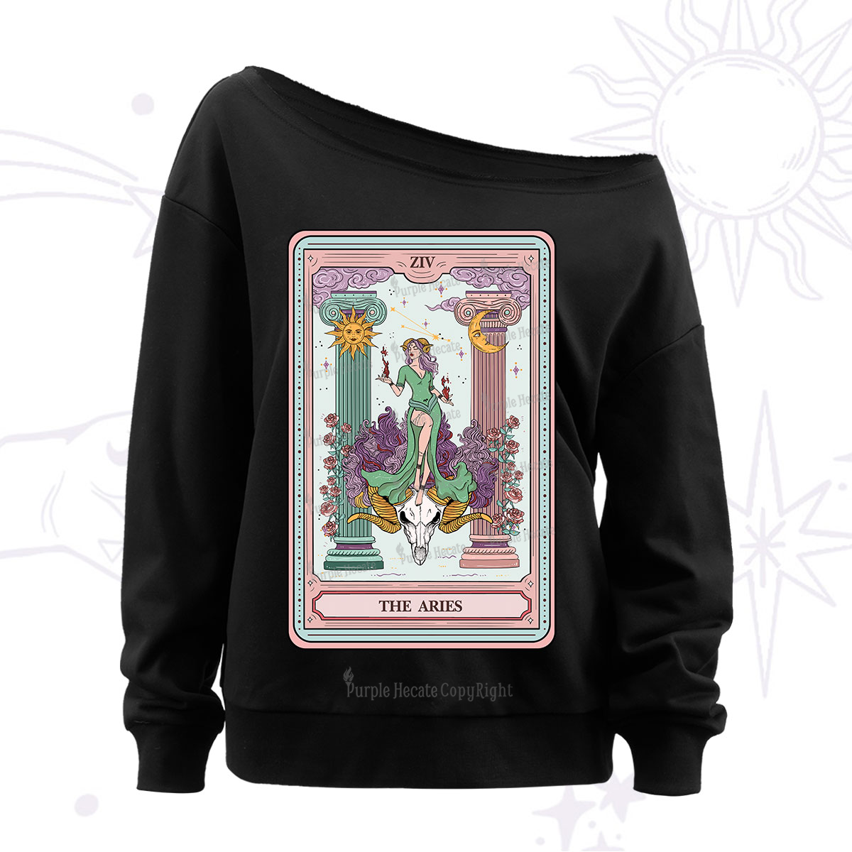 Purplehecate The Aries Goddess Tarot Off The Shoulder Sweatshirt